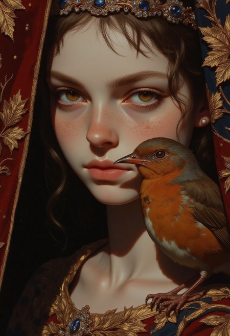 Nixport, a closeup portrait of a girl, pale skin with delicate freckles scattered across her cheeks and nose, wearing a medieval-inspired deep burgundy velvet gown richly embroidered with gold thread in floral patterns, an intricate silver circlet adorned with tiny sapphires resting on her forehead. Her face is partially obscured by a semi-transparent embroidered curtain featuring ivy leaves and subtle golden filigree, softly filtering diffused sunlight. Soft ambient glow with cool blue undertones bathes the scene, while faint dust motes float gently in the air. Her intense, steady gaze looks directly at the viewer, framed by softly curling loose tendrils of hair, with a faint hint of delicate pearl earrings just visible. A small European robin with its bright orange breast sits calmly on her right shoulder, tilting its head curiously.