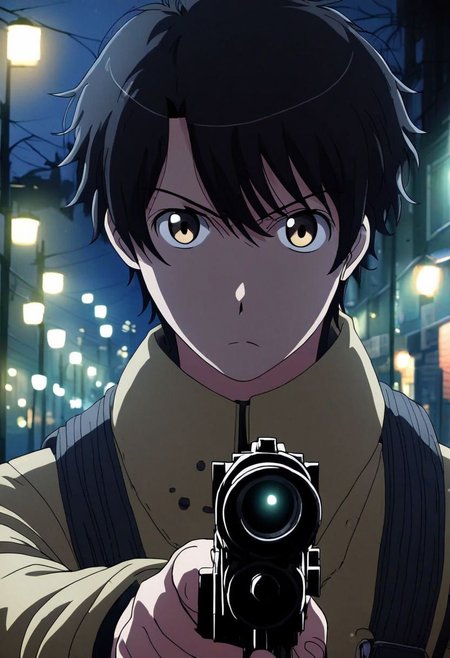 high resolution, solo, best quality, 1Boy, Inaho Kaizuka, Black Hair, portrait, midnight, dim street lights, mysterious, threatening, gun, aiming the gun to the viewer, OverallDetail