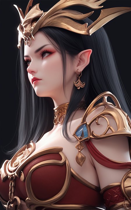score_9,score_8_up,score_7_up,
<lora:MedusaPonyT:0.9>,
MedusaQueen, 1girl, black hair, earrings, solo, jewelry, pointy ears, long hair, black background, upper body, looking to the side, hair ornament, armor, breasts, choker