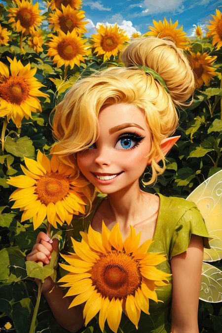 score_9, score_8_up, score_8, medium breasts, (curvy), cute, eyelashes,       BREAK, , BREAK, TinkerWaifu, fairy wings, blonde hair, blue eyes, green dress, sexy, hair bun,, <lora:tinkerbellPonyXL_character:0.8>,, zzSunflower, upper body, outdoors, hand up, portrait, one eye covered, yellow flower, holding flower, <lora:Sunflower_PDXL_v2:0.8>, , BREAK,  smile, looking at viewer, cowboy shot,  embedding:zPDXL, Expressiveh, <lora:SDXLFaeTastic2400:0.5>,  <lora:Expressive_H-000001:0.4>,