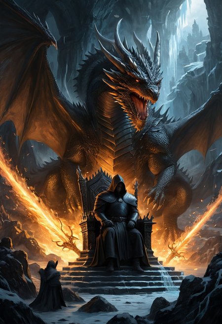 very long shot, (dragon:1.3), 1man, dragon standing behind man, (very old man), (black hood:1.2), black robe , sitting on a throne, throne of swords, thousand swords throne, Game of Thrones, dragon looming over,  epic fantasy character art, concept art, fantasy art, (ice swirling:1.3), (fire swirling), ((best quality)), ((masterpiece)), detailed soft oil painting, detailed background, dramatic cinematic lighting, soft edge lighting, professional, ultra quality, 4k, extremely detailed, Game of Thrones style