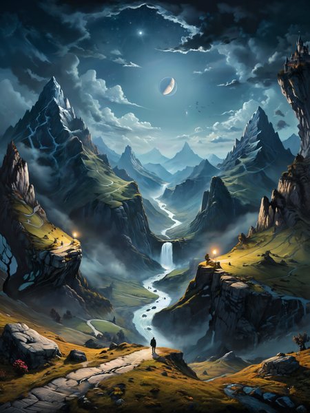 Surrealist art Envision a hyper-fantasy scene with a stunning mountain pass and a distant old hunched over very old man, traversing the distance, (((cartoon-style backdrop))) of fantasy lands exudes a timeless quality, ultra-low-resolution elements that elevate photographic realism to new heights, with textures so fine they seem incredibly lifelike the artwork, simple in its crayon and painting technique, is beautifully juxtaposed night scene with contrasts of moonlight and dark shadows, appears timeless, professional and 4K|8K HDR, showcasing highly detailed, extremely low-resolution details the photographic realism is pushed to the extreme, painting, simple , abstract, unrealistic, impressionist<lora:add-detail-xl:0.2> . Dreamlike, mysterious, provocative, symbolic, intricate, detailed <lora:xl_more_art-full_v1:1>