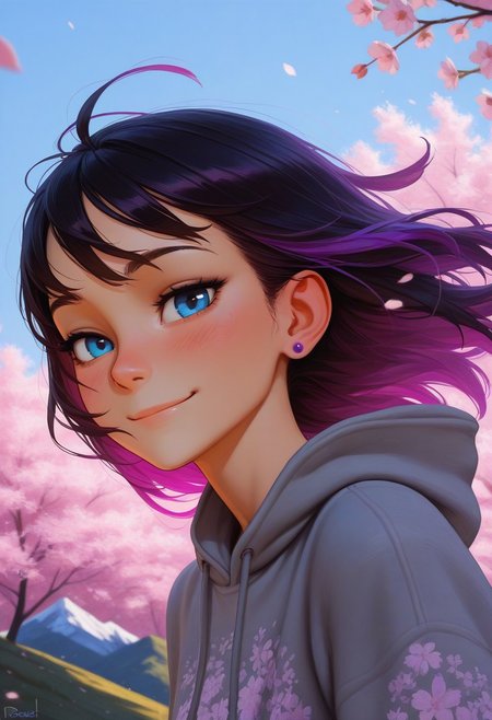 masterpiece, best quality, amazing quality, (incase:0.7), (painterly:1.5), (oil painting \(medium\):1.5), colorful, (high contrast), BREAK, 1girl, 25 years old, cute, petite, 
(three quarter view), detailed face, portrait, face focus, depth of field, looking at viewer, blush, shy smile, close up, 
blue eyes, 
multicolored hair, black hair, purple hair, stud earrings, purple earrings,
hoodie, grey hoodie, print hoodie, 
day, blue sky, cherry blossoms, falling petals, outdoors, spring (season), wind, scenery, mountain, nature