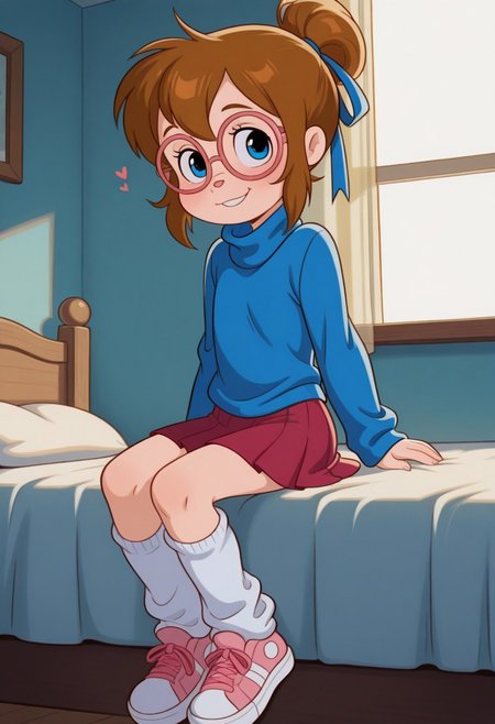 score_9,score_8_up,score_7_up,score_6_up,best quality,masterpiece, 
background is bedroom, day, daylight, bed, light blue wallpaper,
((cinematic lighting)), (shading),
BREAK
1girl, solo, Perfect Body, (Perfect Anatomy:1.0),  (young), ((cute)), (short), FChipettesF, FChipettesF, FglassesF, brown hair, blue eyes, glasses
blue turtleneck sweater, ((skirt)), loose kneesocks,
sneakers, hair ribbon, 
sitting on bed, looking at viewer, coy smile, seductive, teasing, flirting,