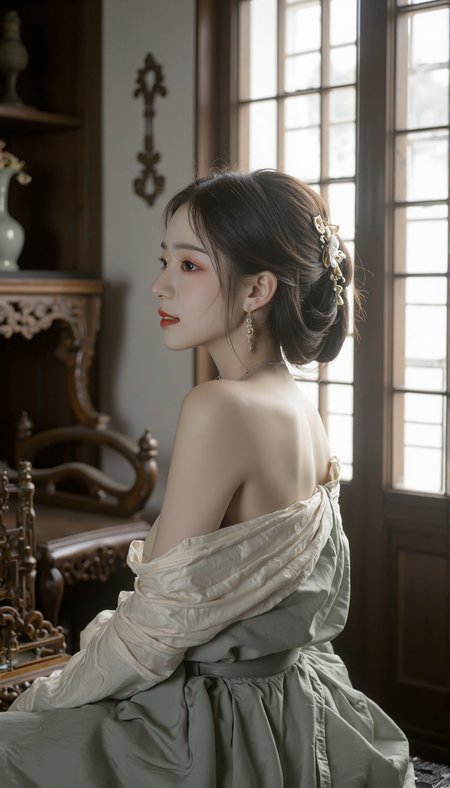 The image shows a young woman seated in an intricately designed traditional Chinese interior, with her back to a large window that lets in the soft morning light. Her face is brought into focus, revealing a serene expression as she gazes thoughtfully off to the side. She wears her hair in an elegant updo, adorned with delicate hairpins and earrings. Her traditional Chinese clothing is more revealing, with a silk robe open at the top, subtly hinting at her breasts which are modestly covered by the fabric. The room's atmosphere remains quiet and intimate, filled with antique furniture and decor reminiscent of an earlier time period. This high-quality masterpiece captures the tranquility of the scene in a style reminiscent of Vermeer or Renoir, paying meticulous attention to the textures of the fabric and the soft interplay of light on her skin, all within a unique East Asian composition.. qingyi<lora:flux\ãéº¦æ©éè¡£ãMajicflus.safetensors:0.7000000000000001:0.7000000000000001> <lora:flux\majicbeauty1.safetensors:1.0:1.0>