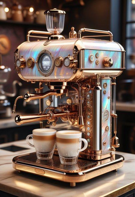 pearlescent  style steampunk coffee machine with mother-of-pearl decoration. Realistic technical photo, detailed, pipes, taps, an analog instrument, decorative structure on the counter of a coffee shop. Sunshine. incredible detail, highest quality, 8k ultra-high resolution, visual masterpiece, vibrant, warm