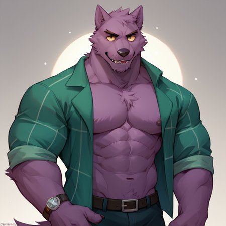 score_9, score_8_up, score_7_up, score_6_up, score_5_up,  Bernard, wolf, solo, furry male, purple fur, open shirt, bara, standing, <lora:Bernard-000011:1.0>