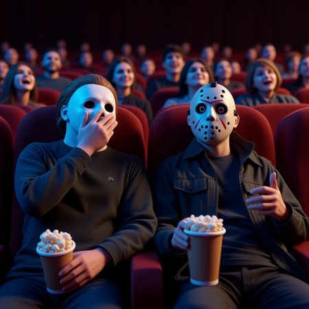 hyper detailed Michael Myers wearing a white captain kirk mask and Jason Voorhees  wearing a hockey mask, with popcorn cups on their laps are sitting in the front row of the cinema, watching a movie. The terrified Michael Myers is covering its face with its hand, while Jason voorhees screams in horror with huge, frightened eyes. Various people sitting behind them laughing. Art by Ash Thorp. Cinema 4D, Octane and Redshift.