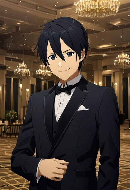 high resolution, professional photography, best quality, 1Boy, Kirigaya Kazuto, Black Hair, Black Eyes, overalldetail, ballroom, luxury hotel, tuxedo, smile, mysterious, confident, rich