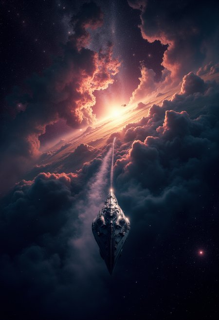 Title: Chronicles of an Ancient Cosmos A vast, black cosmos adorned with countless twinkling stars and a blazing sun is depicted. A lone spaceship navigates through the darkness, its sleek silver surface reflecting the starlight. The viewer is positioned behind the ship, watching as it glides towards an ominous nebula. Color mood: Cold, yet illuminated by the stars Lighting conditions: Subdued, with a slight hue of blue from the distant galaxy Angle: Long shot, capturing the vastness of space and the ship's journey Style: Surreal, evoking a sense of wonder and curiosity As the ship approaches the nebula, it disappears into its cloudy depths, leaving only a trail of smoke in its wake. The darkness is interrupted by vibrant shades of pink and purple, signaling the uncharted territory within. Color mood: Mysterious, transitioning from cold to warm Lighting conditions: Soft, contrasting the harsh blackness of space Angle: Close-up of the ship as it enters the nebula, with the cosmos still visible Style: Abstract, conveying the sense of exploration and discovery Suddenly, a planet emerges from the haze.,  <lora:FluxDFaeTasticDetails.safetensors:0.8> <lora:glowing_flux.safetensors:0.8>,