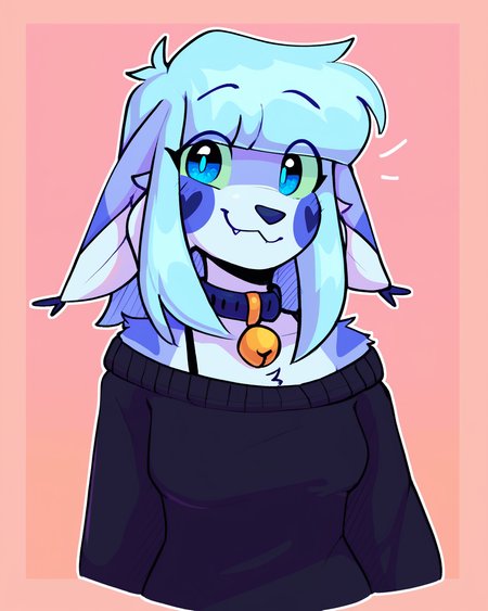 score_9_up, score_8_up, score_7_up, score_6_up, by remanedur, furry female, floppy ears, by remanedur, half-length portrait, sidelocks, female, furry, blue eyes, bell collar, blue hair, oversized sweater, off shoulder sweater, tail, medium breasts, bra strap, looking at viewer, head tilt, solo, happy, smile, three-quarter view, simple background, white outline, <lora:Leah_Pines(AIM)_XL_v1:0.15> <lora:PDXL_artist_tags_v2_big:0.5> <lora:The-Minuscule-Task_PDXL_v1.0:0.6>  <lora:Lenix_lenix_tt:0.7>