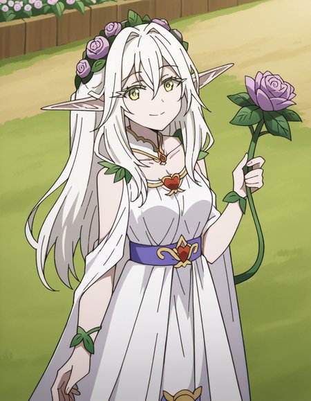 score_9, score_8_up, score_7_up, source_anime, <lora:forest-princess-s2-ponyxl-lora-nochekaiser:1>, forest princess, long hair, hair ornament, hair between eyes, yellow eyes, white hair, flowers, pointy ears, hair flower, rose, hair intakes, elf, medium breasts,, dress, collarbone, white dress,, gardening, watering plants, backyard, flowers blooming, sunny day,, smile, looking at viewer, v, v over eyes,, solo,, cowboy shot, dutch angle
