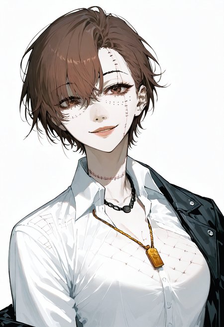 score_9, score_8_up, score_7_up, score_6_up, score_5_up, score_4_up,
 <lora:BodyStitchesV3:1> st1tch3s, stitches, patchwork skin, 
, 1girl, solo, looking at viewer, smile, short hair, simple background, shirt, brown hair, white background, jewelry, brown eyes, white shirt, upper body, collared shirt, necklace, lips, head tilt, freckles