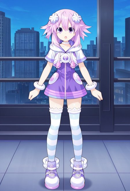 masterpiece, best quality, amazing quality, very aesthetic, absurdres, newest,shiny skin,, anime screenshot,  anime coloring, NepNep, purple hair, purple eyes, neptune (neptune series), NepNep, Fol001, Np_Def, purple hair, purple eyes, neptune (neptune series), d-pad hair ornament, cropped hoodie, closed hoodie, white hoodie, white hood, hood down, white choker, zipper dress, purple dress, white bracelet, collarbone, striped thighhighs, short sleeves, white thighhighs, blue thighhighs,
simple background,  city background,   open mouth, looking at viewer, xdive, Serious expression, Full body,