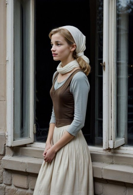 Ultra Realistic, long shot, view from outside,  Cinderella,  everyday-dress, white scarf tied in hair, leaning on the edge of the window,  thoughtful