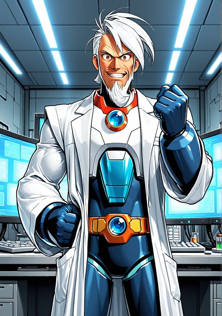masterpiece,best quality,amazing quality, GENHERAC, FMIXFT, radiant details, 1boy, male focus, old, old man, solo, white hair, sideswept hair, ((sideswept beard)), brown eyes, muscular, android, body armor, mega man x, white lab coat, evil grin, wide eyed, tsurime, one hand up, looking at viewer, fist, indoors, command center, monitors, computers