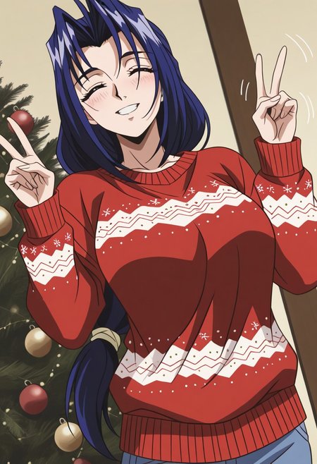 masterpiece, best quality, newest, highres, uncensored, 1girl, yokota mamoru style,1girl, slender face，motion lines,blush,looking at the viewers,torogao,seductive smile
Amou Miyuki OVA,Black Hair, Blue Hair, Curtained Hair, Parted in Middle, Ponytail, Waist Length Hair,Blue Eyes, Tareme Eyes,Big Breasts,
<lora:christmas-sweater-ponyxl-lora-nochekaiser:1>, christmas sweater, christmas, ugly sweater, print sweater, red sweater, christmas tree, christmas ornaments, sweater, multicolored sweater, , v, smile, hands up, teeth, closed eyes, cowboy shot,, , dutch angle, cowboy shot