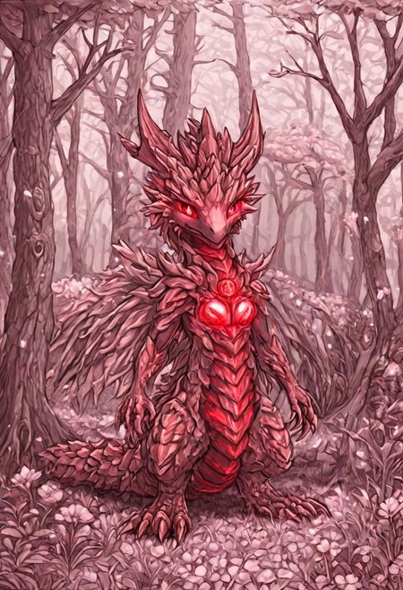 Dragon, small dragon, red theme, silver ridges, fantasy forest, glowing, flowers, full body, facing the camera, plants, Japanese Temple, cherry blossom trees,
