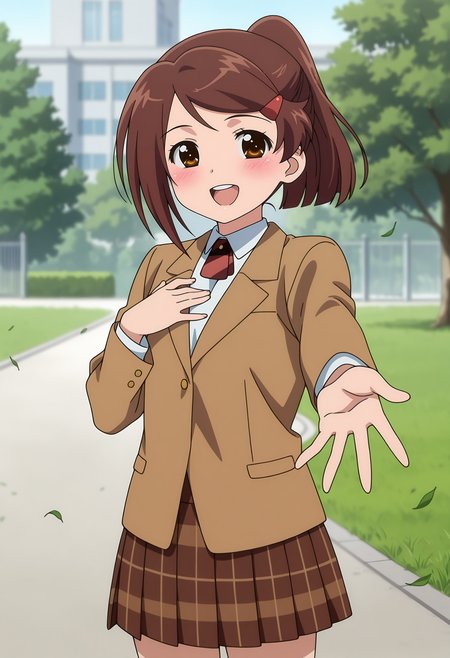 anime screencap, masterpiece, best quality,
<lora:KissXSis_SuminoeAko_IlluXL:0.9>,
1girl, solo, open mouth, smile, blush, teeth,
short ponytail, swept bangs, brown hair, brown eyes, red hairclip,
brown jacket, collared shirt, white shirt, short necktie, striped necktie, red necktie, long sleeves, pleated skirt, plaid skirt, dark brown skirt,
v, reaching towards viewer, hand on own chest, standing, looking at viewer, cowboy shot,
outdoors, tree, gate, building, grass, falling leaves, photo background, blurry background