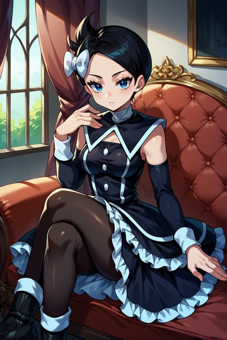 score_9, score_8_up, score_7_up, score_6_up, source_anime, 1girl, solo,  <lora:pkmnmarley-pdxl-nvwls-v1-000006:1> pmMly, black hair, short hair, blue eyes, hair bow, white bow, black dress, clothing cutout, frilled dress, sleeveless, detached sleeves, black pantyhose, black boots, crossed legs, hand up, red sofa, fancy chair, mansion, looking at you, medium breasts