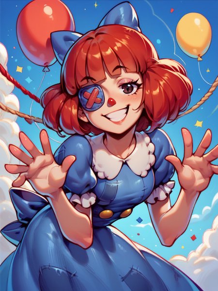 score_9, score_8_up, score_7_up, 1girl, naughty face, leaning forward, sexy pose, leaning forward, very happy, looking at viewer, space, dynamic pose, cowboy shot, circus, colorful, balloons, hands up,
 <lora:ARagathaV2_character:0.85>, RagathaXLP, red hair, single blue eyepatch, black eyes, hair bow, dress, puffy short sleeves, blunt bangs, cartoon,