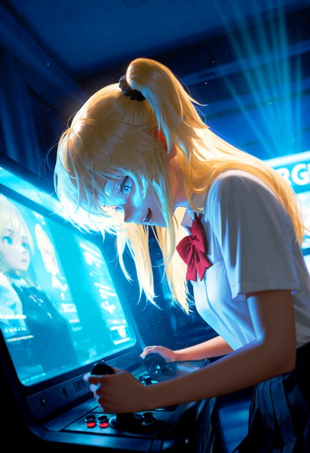 HDR, 8K, high contrast, masterpiece, best quality, amazing quality, very aesthetic, superabsurd res, high resolution, ultra-detailed, absurdres, newest, scenery, (horikoshi kouhei:0.3), (quasarcake:0.3), (wlop:0.3), light rays, chiaroscuro, dynamic angle, foreshortening, 1girl, tm_emily, blue eyes, blonde hair, petite, long hair, school uniform, white shirt, short sleeves, red bow, two side up, scrunchie, looking down, open mouth, smile, playing games, arcade, neon lights, partially illuminated, (screen glow on face), Intricately designed, Mysterious Shadows, BREAK, photorealistic, beautiful detailed eyes, detailed skin, detailed hair, volumetric lighting, dappled light, light particles, dramatic shadows, cinematic lighting, photo background, depth of field, <lora:ponyxl\cfg_scale_boost:0.8> <lora:IL\KMS_TM_Emily_IL-000003:0.8>