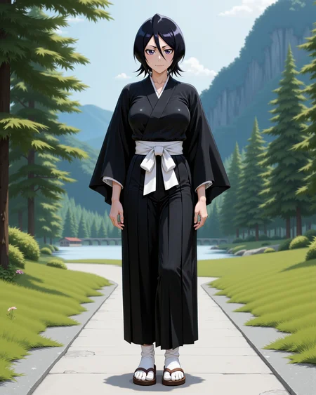 -looking at viewer, outdoors daylight, a 20 year old adult mature woman.
PhotoRealistic Style,  front view photo of.
<lora:Bleach_-_Rukia_v2_000030:1> b-rukia, Black Hair, purple eyesblack kimono-style shihakushÅ with white sash, loose hakama pants, white tabi socks and sandals, short sleeves, ZanpakutÅ at her waist
Upper Body view passport style