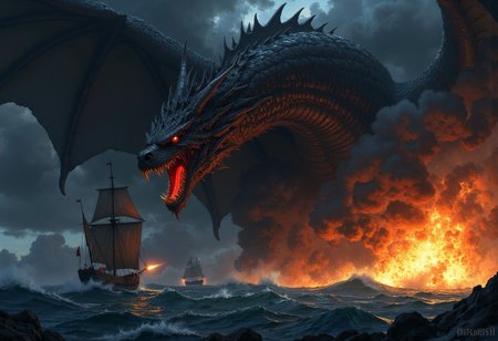 Highly detailed and dramatic digital artwork featuring a dramatic scene at sea. The layout is dynamic, with a massive black dragon with massive wings emerging from dark clouds, its scales glistening in shades of black and red. The creature's eyes glow ominously, and its mouth is open wide, revealing sharp teeth. In the foreground, a small sailing ship is dwarfed by the serpent, its sails billowing in the stormy wind. The background features a fiery explosion on the water, casting an orange glow against the dark, stormy sky. The overall color palette is a mix of dark blues, grays, and fiery oranges, creating a sense of tension and danger. The image is highly detailed, with realistic textures on the serpent's scales and the churning sea, enhancing the sense of realism in this fantastical scene. <lora:FluxMythP0rtr4itStyle:0.6> <lora:flux.1_lora_flyway_Epic-Characters_v1:0.6> <lora:Elden_Ring_-_Yoshitaka_Amano:0.33>