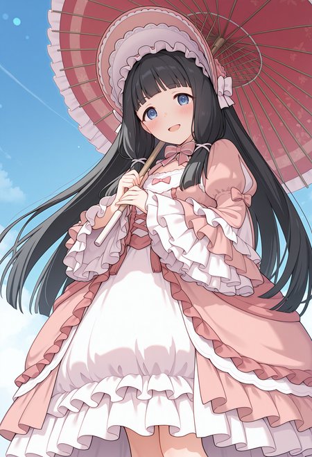 highres, best quality, masterpiece, blue sky, 
1girl, solo, rlpmaho, black hair, very long hair, blue eyes, blunt bangs, tareme,
bonnet, pink bow, pink dress, layered dress, white dress, frilled dress, frilled sleeves, puffy sleeves, wide sleeves, sleeves past wrists, holding umbrella, oil-paper umbrella,
looking at viewer, blush, smile, open mouth, 
standing, from below,
<lora:_maho_pcr-elesico-rev3:1>