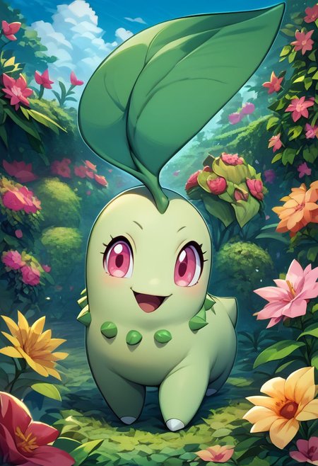 score_9, score_8_up, score_7_up,  vivid bright colors, 
zzChikorita, looking at viewer, smile, open mouth, standing, full body, flower, :d, outdoors, pink eyes, happy, flower garden, hydrangea, flowers everywhere,