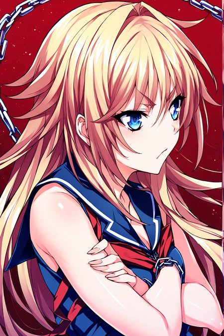 score_9, score_8_up, score_7_up, score_6_up, score_5_up, score_4_up, profile picture, 
1girl, solo, Tsujidou Ai, long hair, blonde hair, blue eyes, chains, serafuku, simple background, red background, gradient background, crossed arms, (pout:0.9), light frown, <lora:Tsujidou_Ai2.0:1>