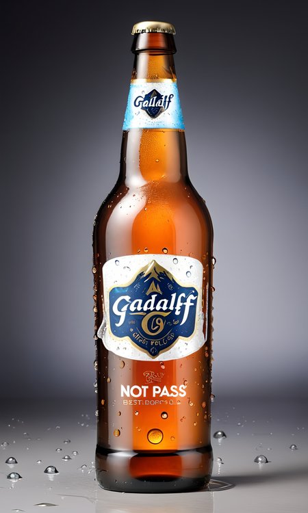 <lora:bevlabsdxl:0.9>,a beer bottle with a galdalf on it, text " Not Pass", bevlabsdxl,  best quality, masterpiece, water droplets, logo, fancy beer,