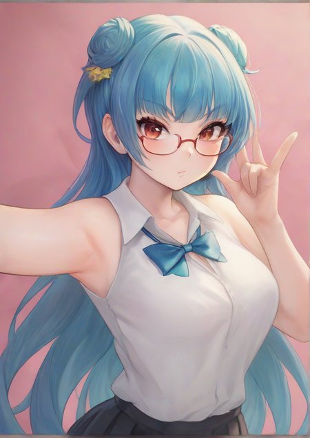1girl, tsushima yoshiko, furry female, armpits, birthday, blue hair, breasts, collarbone, dated, glasses, hair bun, long hair, red eyes, rimless eyewear, school uniform, single hair bun, small breasts, solo, upper body, uranohoshi school uniform, peace sign, zPDXL3<lora:REN.:1>