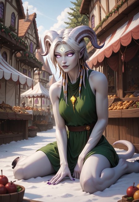 safe_pos, (absurdres, best quality, masterpiece:1.4), score_9, score_8_up, score_7_up, score_6_up, detailed, detailed body, detailed face, 

(culDraenei, purple eyes, no sclera, no pupils, athletic, tall, slim, pale skin, grey skin, long tail, long ears), confident,

(long loose green dress, sleeveless),

on floor, wariza, kneeling, spread legs, 

outdoors, fantasy market background, market stalls, food, snow, daytime, sunshine