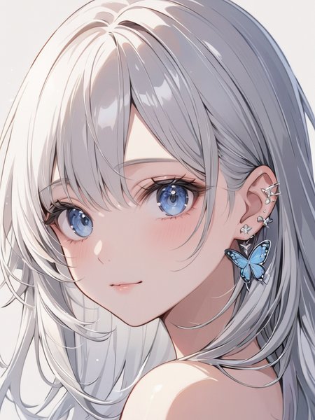 masterpiece,ultra-detailed,best quality,8K,illustration,cute face,clean skin ,shiny hair,girl,ultra-detailed-eyes,simple background, <lora:add-detail-xl:1> <lora:butterfly ear piercing_XL_V1.0:0.8> butterfly ear piercing,sliver piercing