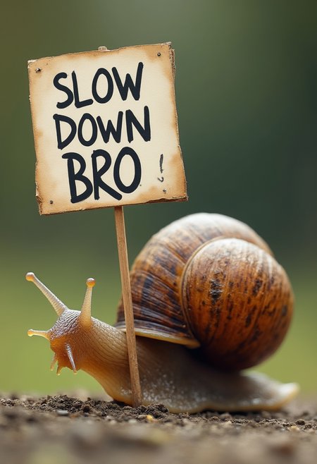 a snail holding a sign saying "SLOW DOWN BRO"