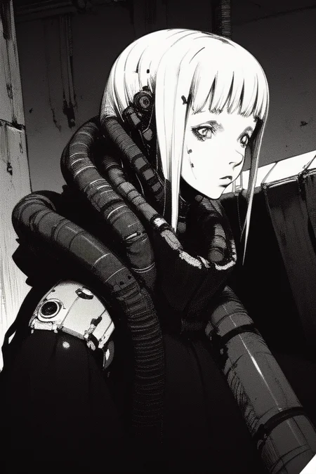 <lora:blame5:1>, cyborg girl portrait, upper body, dim light, ((heavy black and white)), decrepit scenery, covered in large tubes and cables