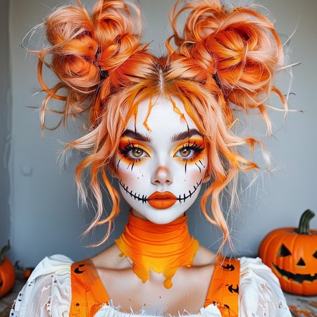 <lora:halloween_clothing_xl:0.8>,
A  vibrant, high-quality photograph of a person dressed as a jack-o'-lantern, likely for Halloween. The individual has striking, bright orange hair styled in two voluminous, messy buns on top of the head, with loose strands framing their face. Their skin is painted in a flawless, ghostly white, accentuating their sharp, dramatic makeup.