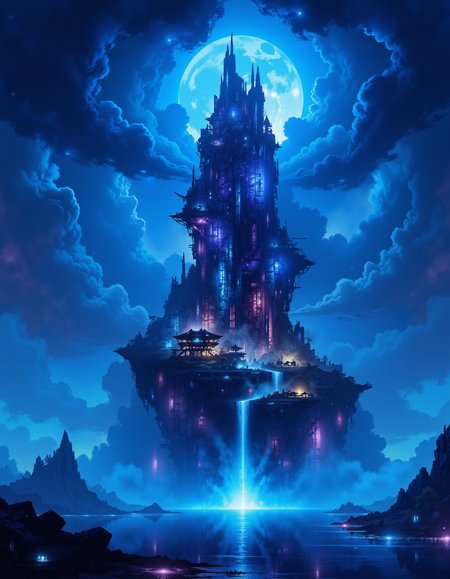 cyberpunk tower on an floating island in the night sky dark storm clouds  engulfing the island,  lightning,  cold moon, waterfall, hologram, neon lights<lora:ck-OneViolentFantasy:0.7> in the style of ck-ovf, <lora:ck-Sommo-Concept-Art:1> A digital painting in the style of ck-js,