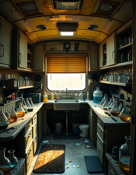The interior of an old RV converted into a clandestine drug laboratory, inspired by the TV series Breaking Bad. The space is cramped and messy, filled with scientific equipment, glass beakers, flasks, burners, chemical containers, and lab tools scattered around. The walls are aged and stained, with peeling wallpaper and old metallic cabinets. A small sink area is cluttered with dirty lab glassware. The lighting is dim and tinted yellow, with sunlight barely filtering through dusty blinds. The floor is grimy, with a mix of rubber mats and worn carpet. The overall atmosphere is tense and gritty, capturing a sense of secrecy and danger. Hyper-realistic style, cinematic composition, rich in textures and shadows.
<lora:SDXLFaeTastic2400:0.4> <lora:extremely_detailed:0.4> extremely detailed,<lora:old_RV_drug_l4b0r4t0ry:1>,old RV drug l4b0r4t0ry, Masterpiece,best quality,hi res,8k,hi res,8k,award winning,(sharp focus, intricate, highly detailed),