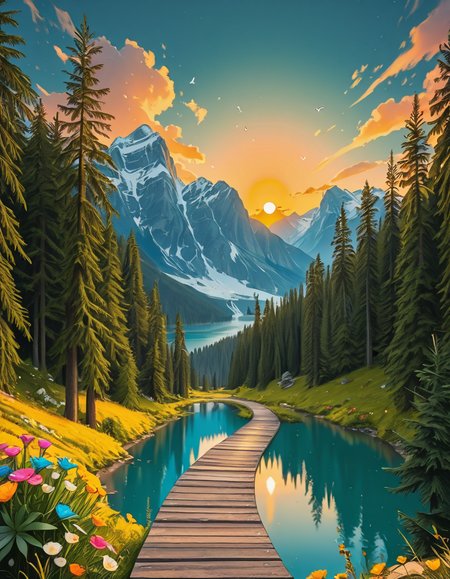 A breathtaking, high-resolution photograph of the most beautiful place on Earth, where natureâs wonders blend in perfect harmony. Towering, snow-capped mountains rise majestically in the background, their peaks glowing under the golden hues of a setting sun. Below, a crystal-clear turquoise lake reflects the colors of the sky, surrounded by lush, green forests filled with ancient trees, vibrant wildflowers, and cascading waterfalls. A soft mist rises from the valley, adding a dreamlike quality to the scene. In the distance, rolling meadows stretch toward the horizon, dotted with colorful flowers and serene wildlifeâgraceful deer grazing, birds soaring in the sky, and butterflies dancing in the breeze. A wooden footpath winds through the landscape, leading to a secluded, tranquil spot where the beauty of nature can be fully admired. The air is crisp and filled with the soothing sounds of rustling leaves, flowing water, and distant birdsong. The sky above is a masterpiece of colorsâdeep oranges, purples, and pinks blending seamlessly as the sun sets, casting a magical glow over this untouched paradise. The atmosphere is peaceful, awe-inspiring, and filled with a deep sense of wonder and tranquility, as if stepping into a perfect dream.
<lora:SDXLFaeTastic2400:0.4> <lora:extremely_detailed:0.4> extremely detailed,Earth P4r4d1s3, <lora:Earth_P4r4d1s3-i:1>, Masterpiece,best quality,hi res,8k,hi res,8k,award winning,(sharp focus, intricate, highly detailed),