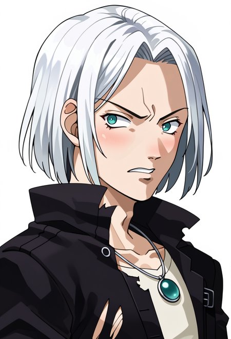score_9, score_7_up, source_anime, BREAK <lora:zs_SoulHackersPortraitsXL:1> soulhackersportraits, portrait, white background, 1boy, teal eyes, tsurime, parted bangs, white hair, medium hair, straight hair, shoulder-length hair, black coat, shirt, multiple belts, torn clothes, necklace, black coat, solo, male focus,