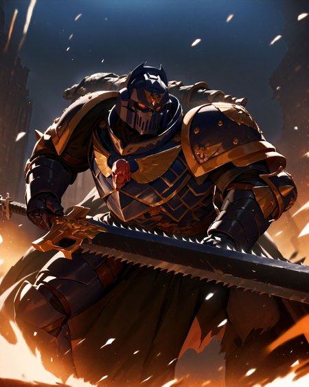 masterpiece, best quality, very aesthetic, absurdres
BREAK
gothic architecture in background, extremely detailed, absurdres, masterpiece, cel shading,
BREAK
full body, Space Marine, alpha legion, portrait, charging forward,  He is holding a 40kchainsword up. He is wearing a helmet, intricate blue_darkness  armor, silver trimmings, cross detailing, torn cape, blue_darkness   gauntlets,  black fur,  blue_darkness   plate armor, full armor, panoply, three headed hydra  symbol on  shoulder_pad,
<lora:Astartes:1>  <lora:Bad_Hands_lora:0.8>  <lora:Bolter_-_Warhammer_40000_SDXL:0.6>  <lora:sinfully_stylish_SDKL:1> <lora:Expressive_H:1>