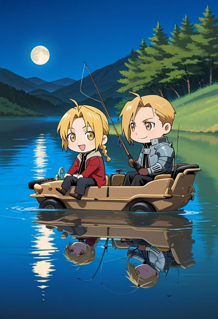 score_9,score_8_up,score_7_up,source_anime,masterpiece,best quality,detailed digital illustration,night,moon,lake,simple background,left hand drive,<lora:swimmwagen:1>,schwimmwagen,german grey,floating on lake,
2boys,smiling,edward_elric \(fullmetal_alchemist\),blond hair,sit in Navigator seat,gloves,jacket,chibi,fishing,hold fishing rod,
2boys,alphonse_elric  \(fullmetal_alchemist\),sit in driver's seat,chibi,fishing,hold fishing rod,armor,