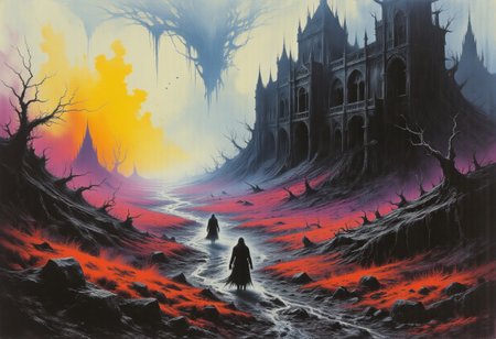 A paranormal realm where death is most alive, the ground writhes with vibrant, dreamcore colors as phantom figures rise, stretching into the sky, reaching toward a distant swirling terminus. Gothic spires loom in the distance, broken yet beautiful in their ruin. The colorful, impressionistic brushstrokes fill the scene with a sense of tragic, mysterious beauty. The landscape feels alive, almost sentient, as it undulates with ghostly figures and fantasy gothic remnants of ancient battles. A haunting silence permeates the air. Inspired by Zdzisław Beksiński, John Blanche, Hieronymus Bosch,  Francisco Goya, John William Waterhouse H.R. Giger, Frank Frazetta,  Wayne Barlowe,Nicola samori,Hugo van der Goes, eldritch,spectral,otherworldly,terrifying  space,absurdes,masterpiece, best quality,color contrast,perfect composition,centered, detailed, intricate, vibrant, absolutely outstanding, professional,perfection,(no humans), high resolution,