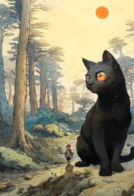 The image is an hand-drawn illustration of a giant black cat with large orange eyes standing in a forest. The cat is facing towards the right side of the image, with its head turned towards the viewer. The background is filled with tall trees and shrubs, and there is a large orange sun in the top right corner. The sky is a pale yellow color, and a few birds can be seen flying in the distance. In front of the cat, there are two small people, one wearing a red hat and the other wearing a white dress, standing on a hill. The overall mood of the illustration is peaceful and serene. artwork drawing