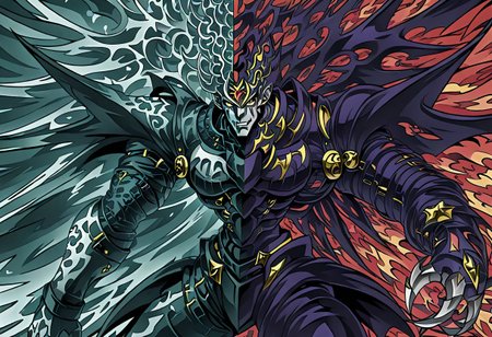 masterpiece,absurdres,rating_safe,anime,jojo's bizzare adventure,detailed linework DUALITY SEGMENTATION MIX OF dexdoru and dorugoramon