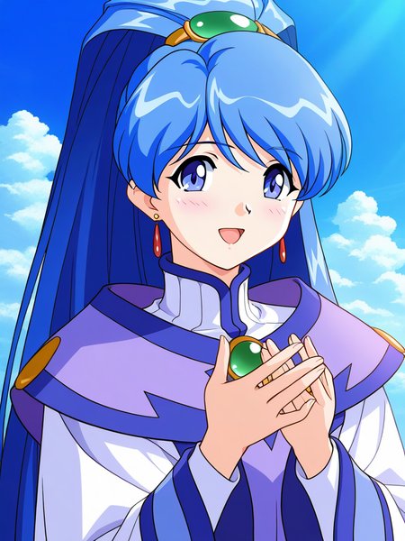 general,highres, game cg, ultra-detailed,very aesthetic,best quality ,best hands,  BREAK   <lora:Sakuya_Lansaihe_IS:1>Sakuya_Lansaihe, very blue hair, long hair, blue eyes, high ponytail, long sleeves, green jewelry,
 1girl, solo,  smile, open mouth, upper body,  looking at viewer, hairband, :d, game cg style,
blue sky,
