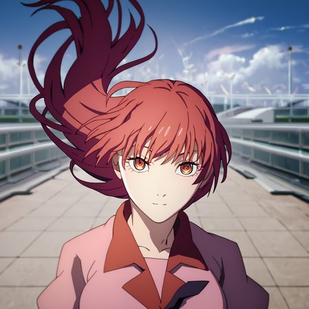 score_9, score_8_up, score_7_up, score_6_up, score_5_up, score_4_up,  <lora:mak1ma0XL_Pony_v1:1>, 1girl, mak1ma0, red hair, long hair, ringed eyes, naoetsu school uniform, school uniform, 1girl, alone, looking at the viewer, masterpiece, highres, highly detailed face, highly detailed shining eyes, symmetrical highly detailed eyes, entire body, legs, floating hair, <lora:bakemonogatari_style:1>, bakemonogatari_style, sky,  outdoor
