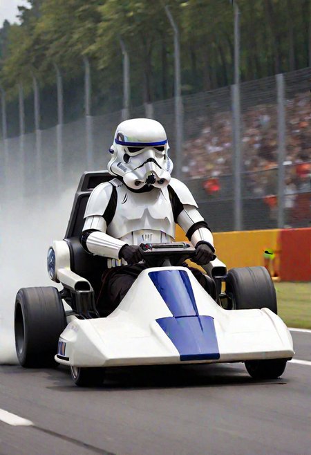 storm trooper driving a formula 1 speeder